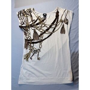 HM Womens XS Cream Graphic T-Shirt Gold Chain Rope Tassel Print Cotton Top